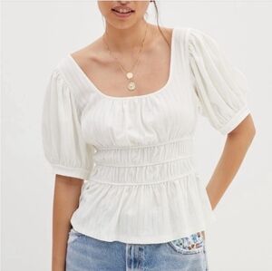 Anthropologie White Puff-Sleeve Smocked Waist Blouse Medium Boho